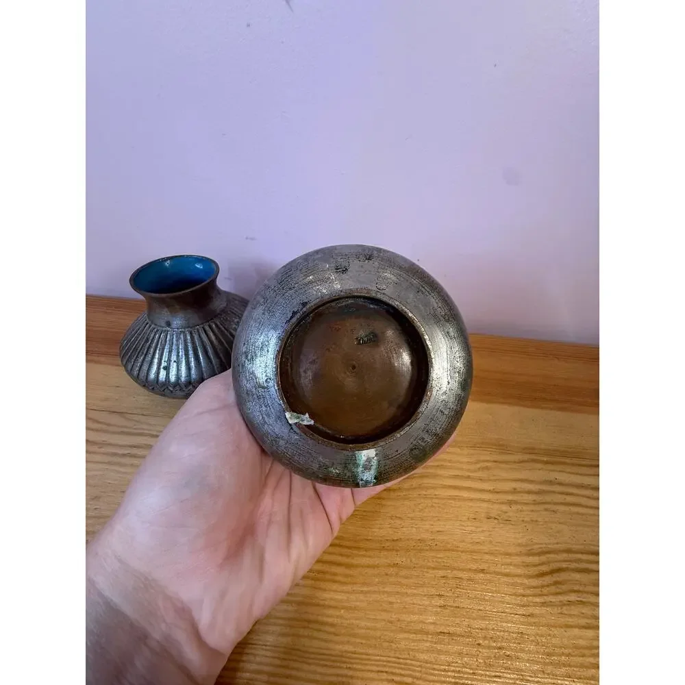 Vintage Pair Small Ribbed Metal Bud Vases Blue Enamel Interior China